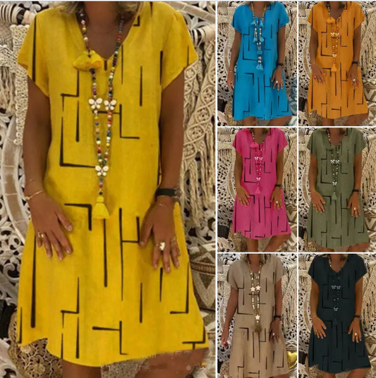 🔥Sadece bugüne özel %50 indirim, hızlı kargo!🔥👗【36-50】V yaka baskılı pamuklu elbise