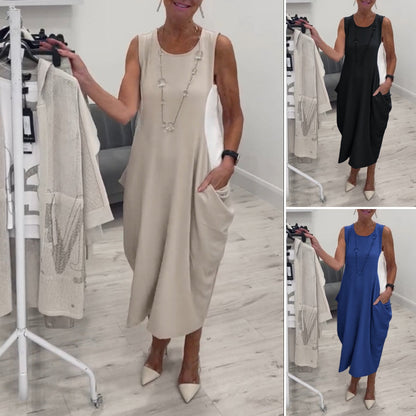 👗Enkel Klänning med Fickor och Ärmlös